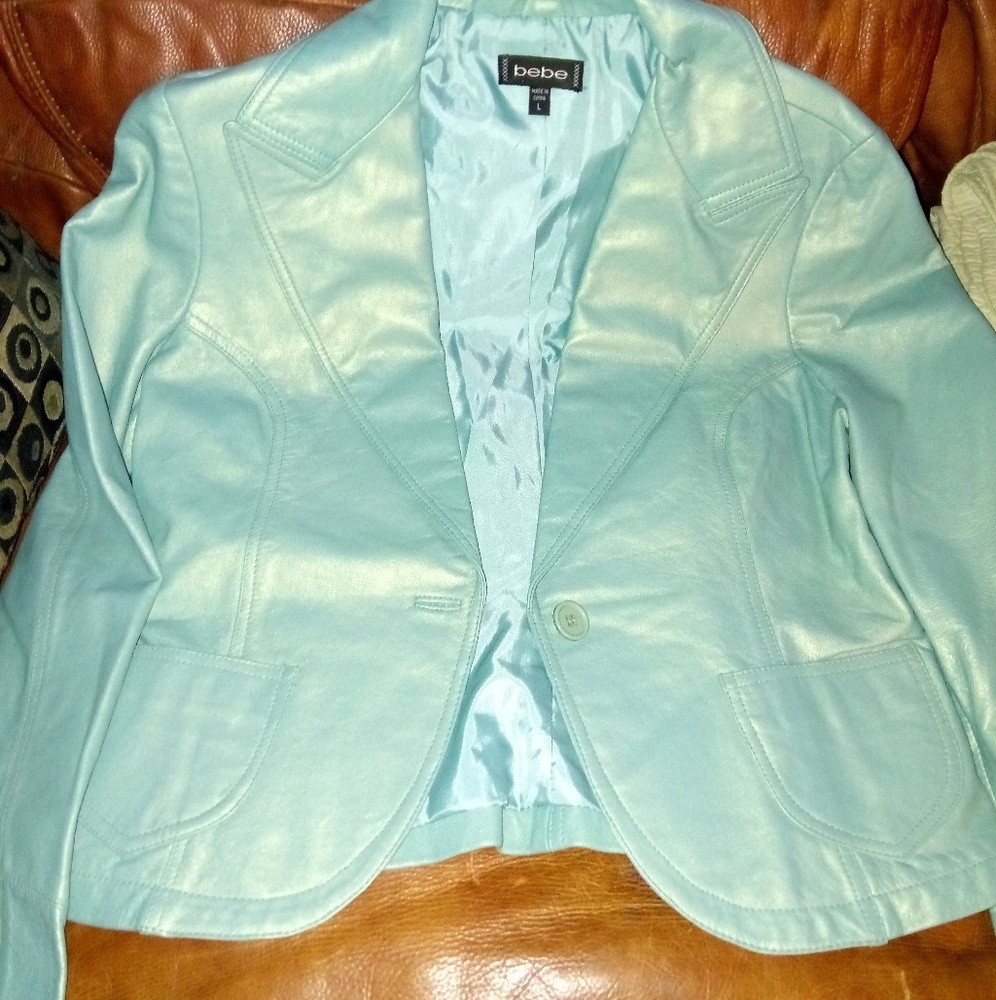 Bebe metallic blue leather jacket.